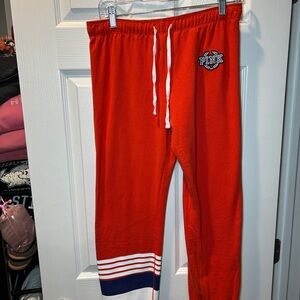 PINK Victoria's Secret Red Joggers with White and Blue Accents